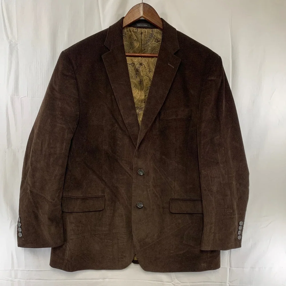 Chaps Corduroy Blazer Mens 44R Brown Paisley Lined 2-Button Sport Coat‎